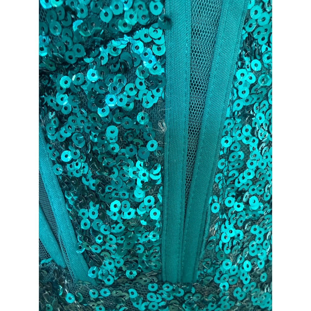 Morgan & Co Teal Sequin Mesh Corset Maxi Dress Formal Prom Gown Side Slit Size 5 - Picture 5 of 10